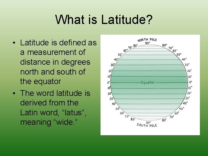 What is Latitude? • Latitude is defined as a measurement of distance in degrees