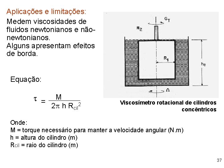 Aplicações e limitações: Medem viscosidades de fluidos newtonianos e nãonewtonianos. Alguns apresentam efeitos de