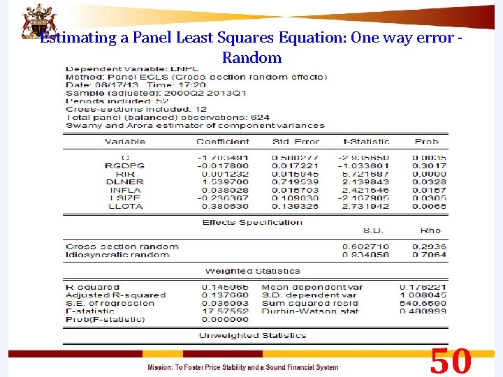 Estimating a Panel Least Squares Equation: One way error - Random 50 