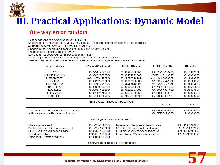 III. Practical Applications: Dynamic Model One way error random 57 