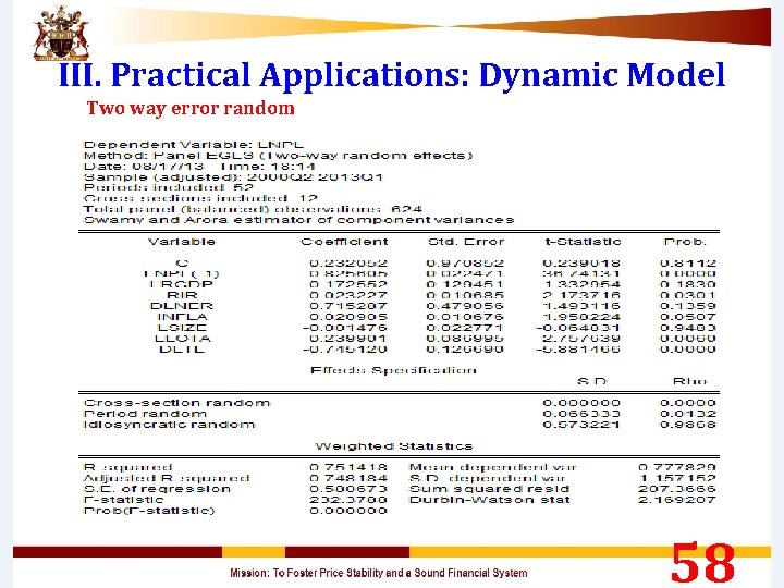 III. Practical Applications: Dynamic Model Two way error random 58 