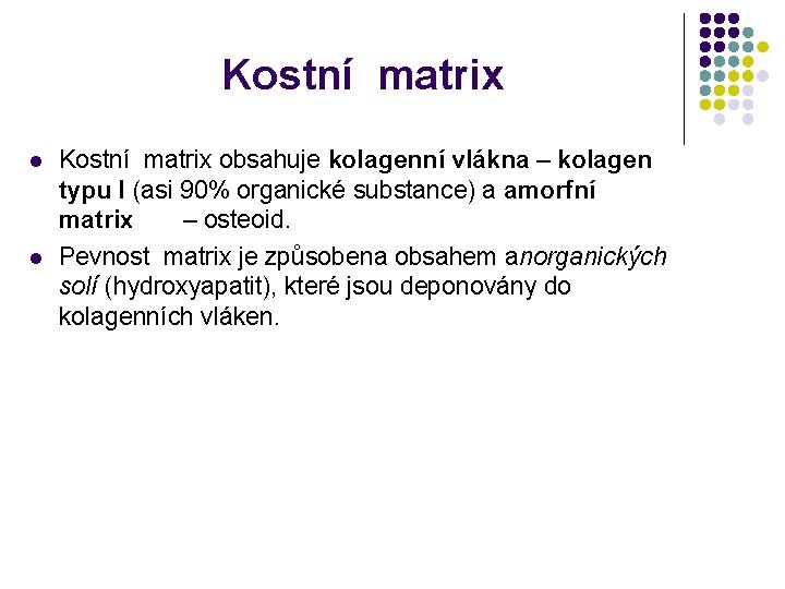 Kostní matrix l l Kostní matrix obsahuje kolagenní vlákna – kolagen typu I (asi