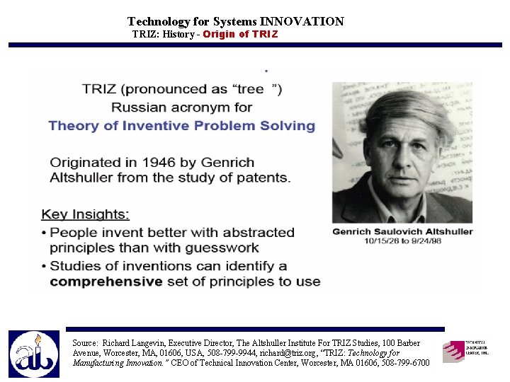 Technology for Systems INNOVATION TRIZ: History - Origin of TRIZ Source: Richard Langevin, Executive