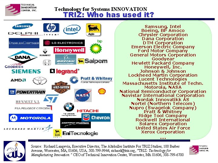 Technology for Systems INNOVATION TRIZ: Who has used it? Samsung, Intel Boeing, BP Amoco