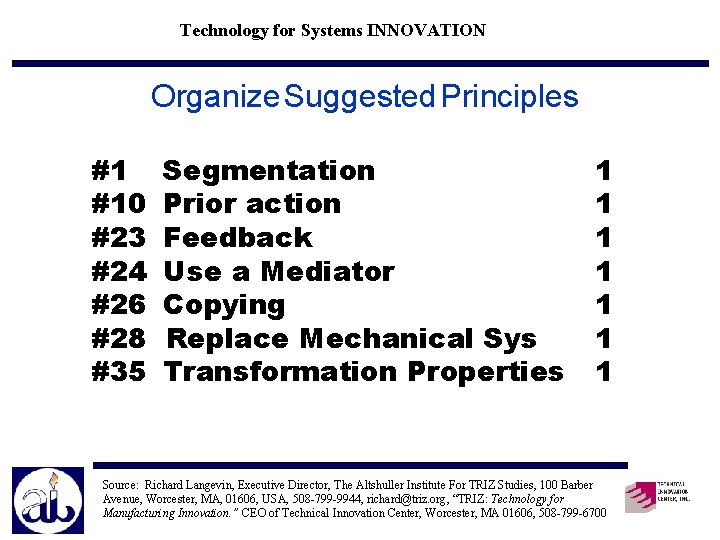 Technology for Systems INNOVATION Organize Suggested Principles #1 #10 #23 #24 #26 #28 #35