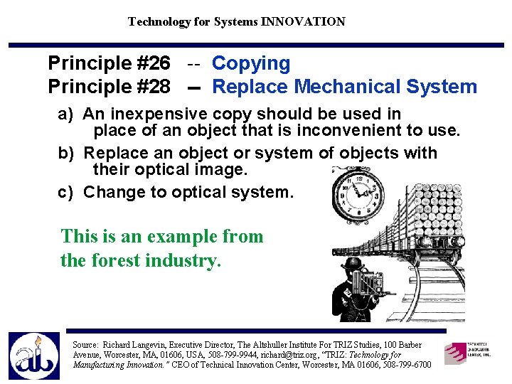 Technology for Systems INNOVATION Principle #26 -- Copying Principle #28 -- Replace Mechanical System