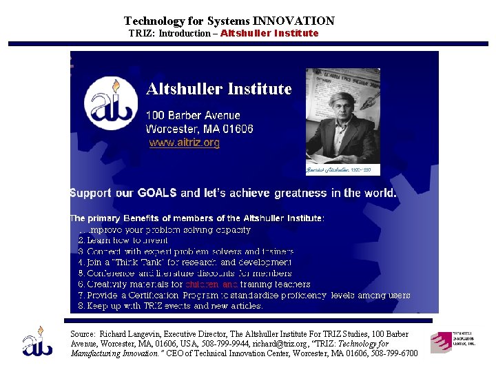 Technology for Systems INNOVATION TRIZ: Introduction – Altshuller Institute Source: Richard Langevin, Executive Director,