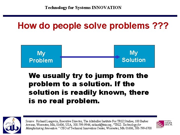 Technology for Systems INNOVATION How do people solve problems ? ? ? My Problem