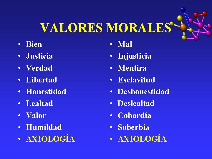 VALORES MORALES • • • Bien Justicia Verdad Libertad Honestidad Lealtad Valor Humildad AXIOLOGÍA VALORES MORALES • • • Bien Justicia Verdad Libertad Honestidad Lealtad Valor Humildad AXIOLOGÍA