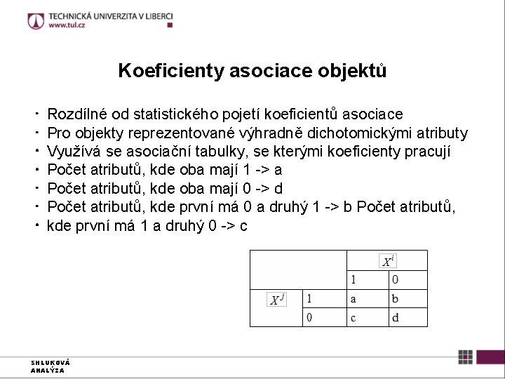 Koeficienty asociace objektů ● ● ● ● Rozdílné od statistického pojetí koeficientů asociace Pro