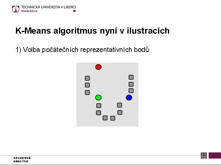 K-Means algoritmus nyní v ilustracích 1) Volba počátečních reprezentativních bodů SHLUKOVÁ ANALÝZA 