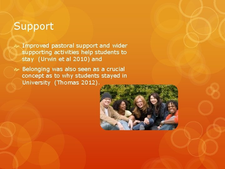 Support Improved pastoral support and wider supporting activities help students to stay (Urwin et