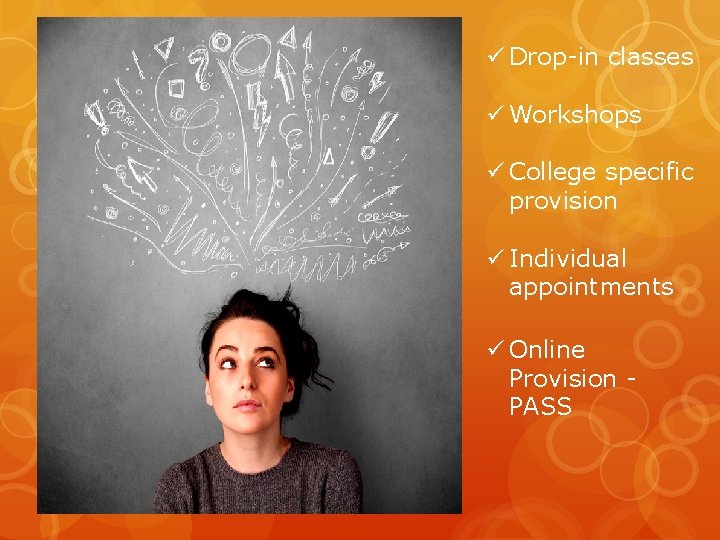ü Drop-in classes ü Workshops ü College specific provision ü Individual appointments ü Online