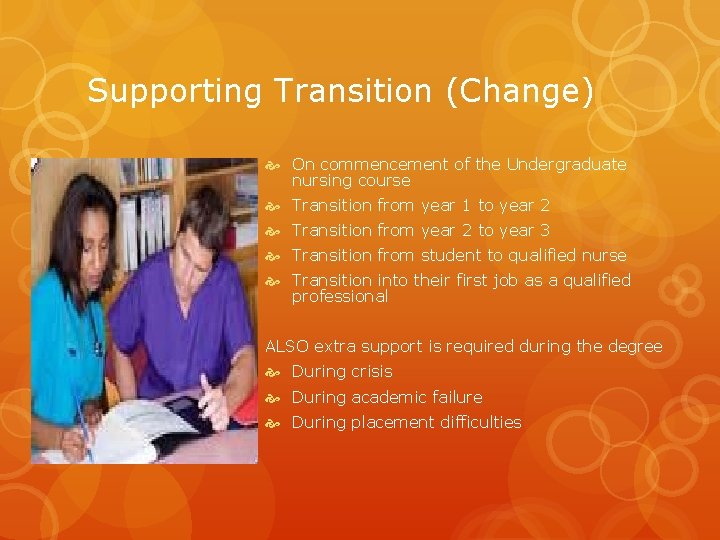 Supporting Transition (Change) On commencement of the Undergraduate nursing course Transition from year 1
