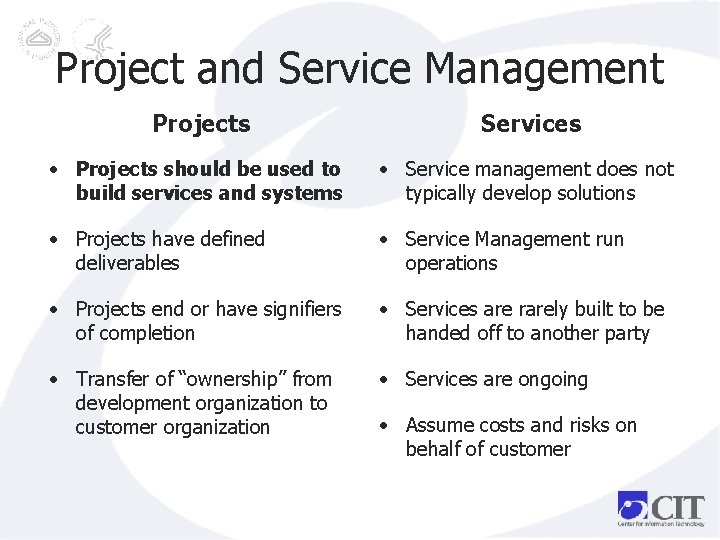 Project and Service Management Projects Services • Projects should be used to build services