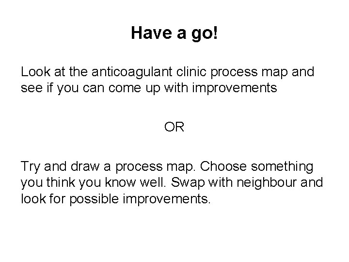 Have a go! Look at the anticoagulant clinic process map and see if you