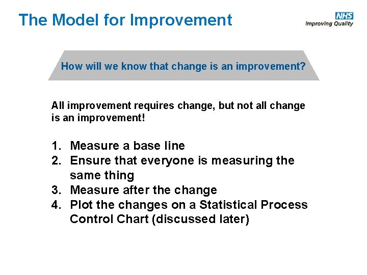 The Model for Improvement How will we know that change is an improvement? All