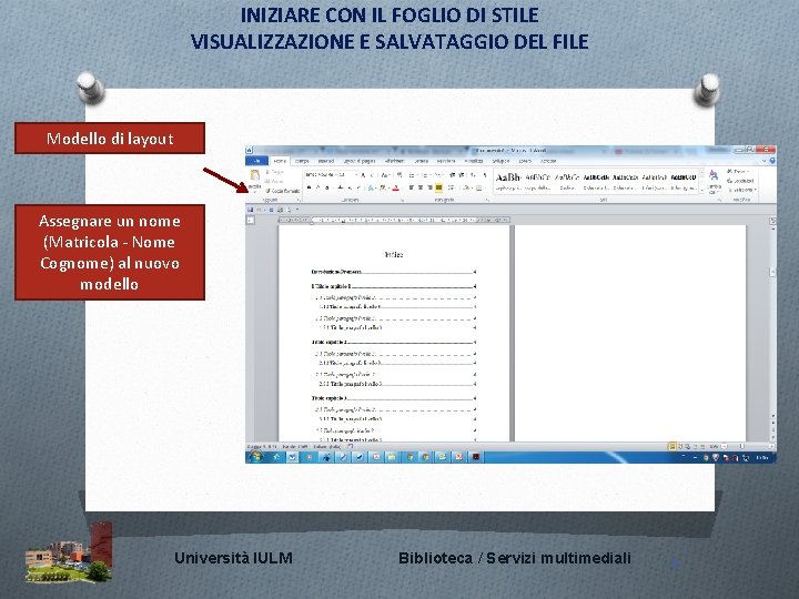 INIZIARE CON IL FOGLIO DI STILE VISUALIZZAZIONE E SALVATAGGIO DEL FILE Modello di layout