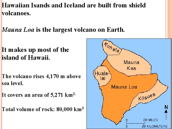 Hawaiian Isands and Iceland are built from shield volcanoes. Mauna Loa is the largest