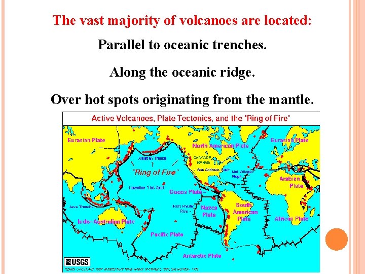 The vast majority of volcanoes are located: Parallel to oceanic trenches. Along the oceanic