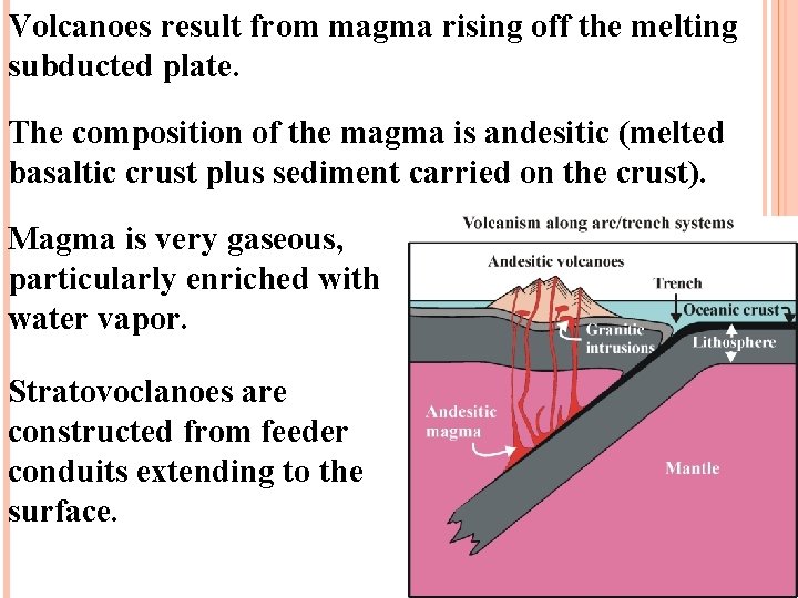 Volcanoes result from magma rising off the melting subducted plate. The composition of the