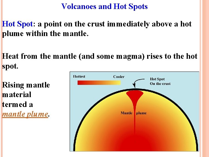 Volcanoes and Hot Spots Hot Spot: a point on the crust immediately above a