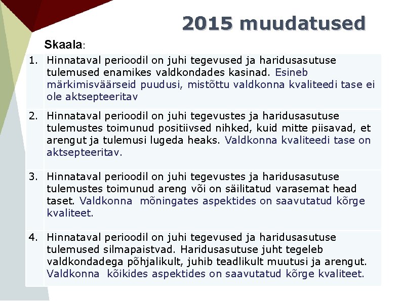 2015 muudatused Skaala: 1. Hinnataval perioodil on juhi tegevused ja haridusasutuse tulemused enamikes valdkondades