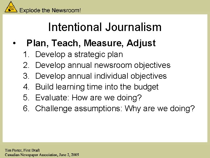 Intentional Journalism • Plan, Teach, Measure, Adjust 1. 2. 3. 4. 5. 6. Develop