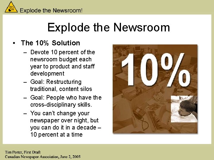 Explode the Newsroom • The 10% Solution – Devote 10 percent of the newsroom