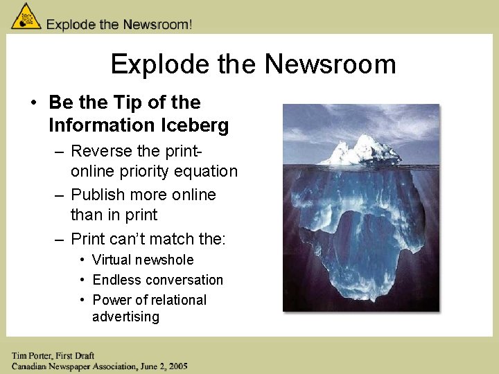 Explode the Newsroom • Be the Tip of the Information Iceberg – Reverse the