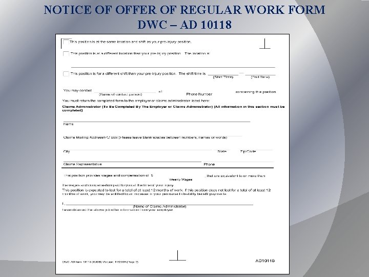 NOTICE OF OFFER OF REGULAR WORK FORM DWC – AD 10118 18 NOTICE OF OFFER OF REGULAR WORK FORM DWC – AD 10118 18