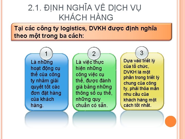 2. 1. ĐỊNH NGHĨA VỀ DỊCH VỤ KHÁCH HÀNG Tại các công ty logistics,