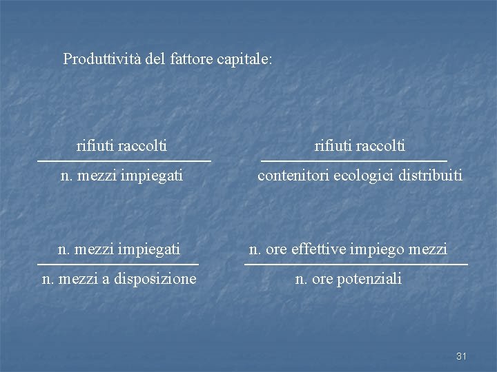 Produttività del fattore capitale: rifiuti raccolti n. mezzi impiegati contenitori ecologici distribuiti n. mezzi