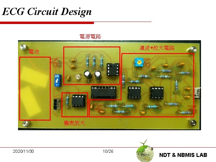 ECG Circuit Design 電源電路 濾波+放大電路 電池 儀表放大 2020/11/30 10/26 NDT & NBMIS LAB 