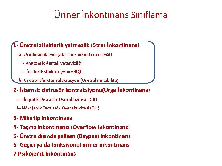 Üriner İnkontinans Sınıflama 1 - Üretral sfinkterik yetmezlik (Stres İnkontinans) a- Ürodinamik (Gerçek) Stres