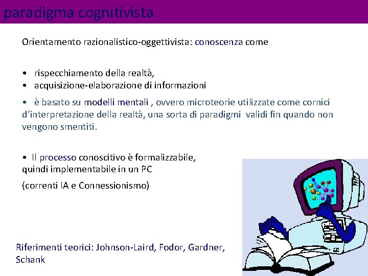 paradigma cognitivista Orientamento razionalistico-oggettivista: conoscenza come • rispecchiamento della realtà, • acquisizione-elaborazione di informazioni paradigma cognitivista Orientamento razionalistico-oggettivista: conoscenza come • rispecchiamento della realtà, • acquisizione-elaborazione di informazioni