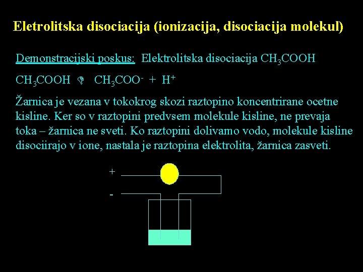 Eletrolitska disociacija (ionizacija, disociacija molekul) Demonstracijski poskus: Elektrolitska disociacija CH 3 COOH CH 3