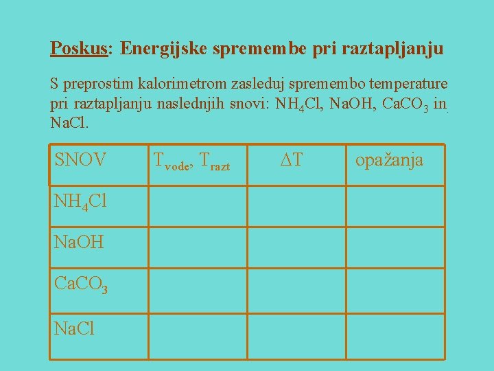 Poskus: Energijske spremembe pri raztapljanju S preprostim kalorimetrom zasleduj spremembo temperature pri raztapljanju naslednjih