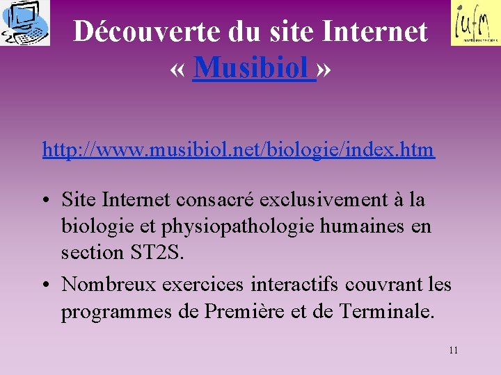 Découverte du site Internet « Musibiol » http: //www. musibiol. net/biologie/index. htm • Site