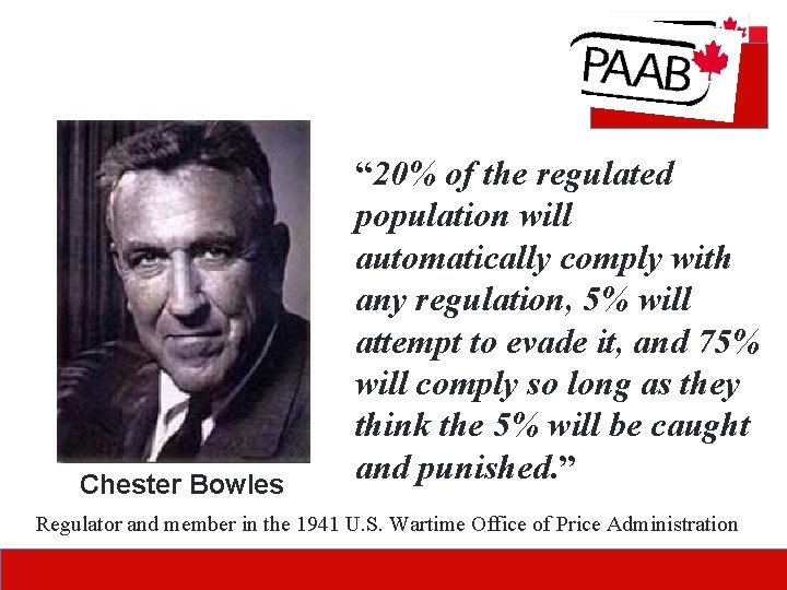 Chester Bowles “ 20% of the regulated population will automatically comply with any regulation,