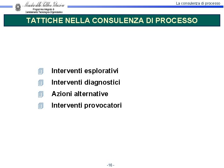 La consulenza di processo TATTICHE NELLA CONSULENZA DI PROCESSO 4 Interventi esplorativi 4 Interventi