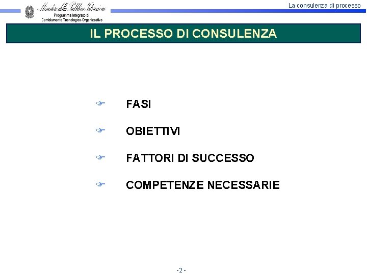 La consulenza di processo IL PROCESSO DI CONSULENZA FASI OBIETTIVI FATTORI DI SUCCESSO COMPETENZE