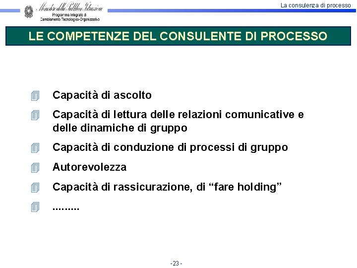 La consulenza di processo LE COMPETENZE DEL CONSULENTE DI PROCESSO 4 Capacità di ascolto