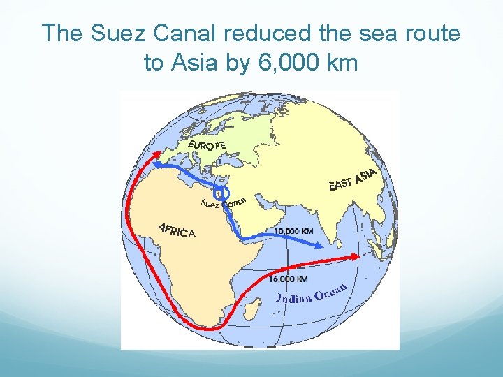 The Suez Canal reduced the sea route to Asia by 6, 000 km 
