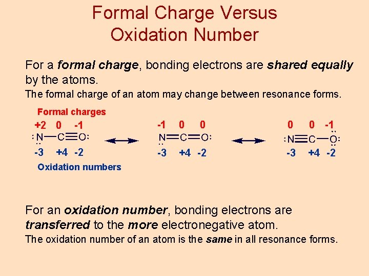 Formal Charge Versus Oxidation Number For a formal charge, bonding electrons are shared equally