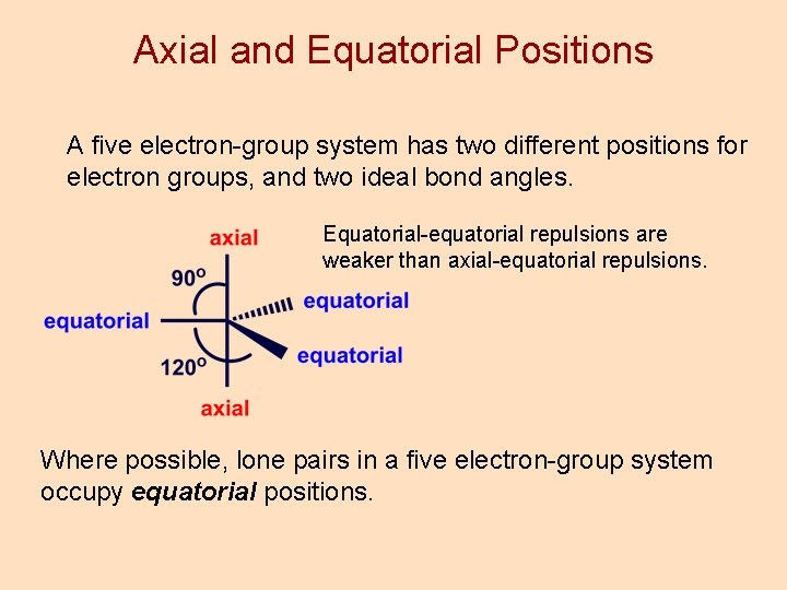 Axial and Equatorial Positions A five electron-group system has two different positions for electron