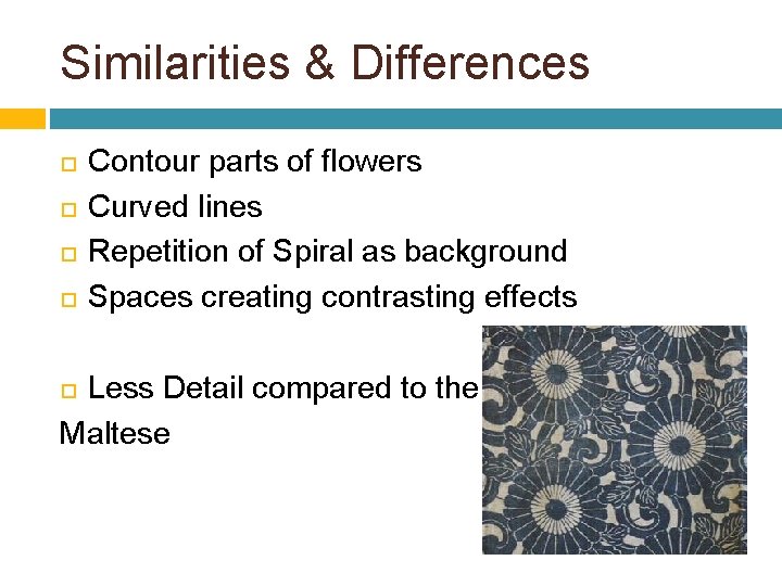 Similarities & Differences Contour parts of flowers Curved lines Repetition of Spiral as background