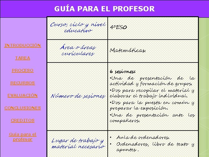 GUÍA PARA EL PROFESOR Curso, ciclo y nivel 4ºES 0 educativo INTRODUCCIÓN TAREA Área