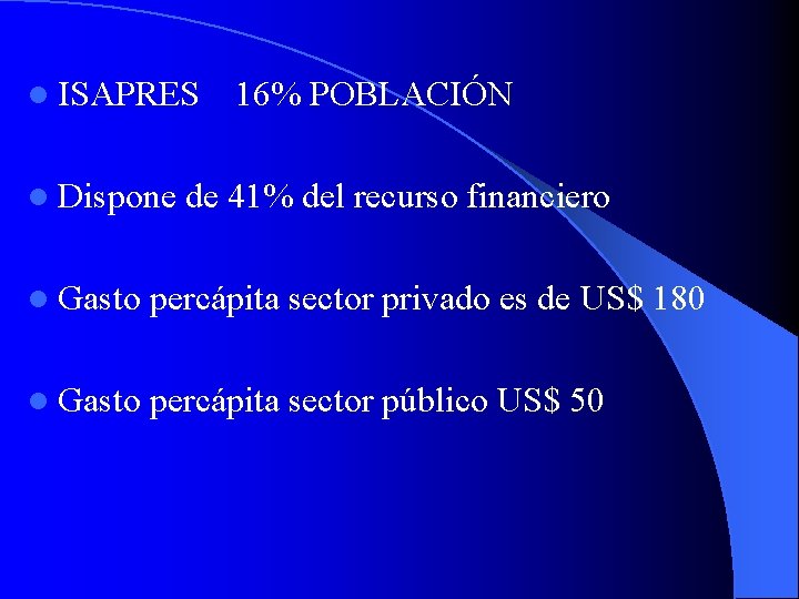 l ISAPRES l Dispone 16% POBLACIÓN de 41% del recurso financiero l Gasto percápita