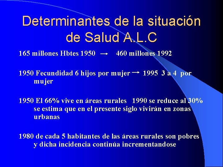 Determinantes de la situación de Salud A. L. C 165 millones Hbtes 1950 460